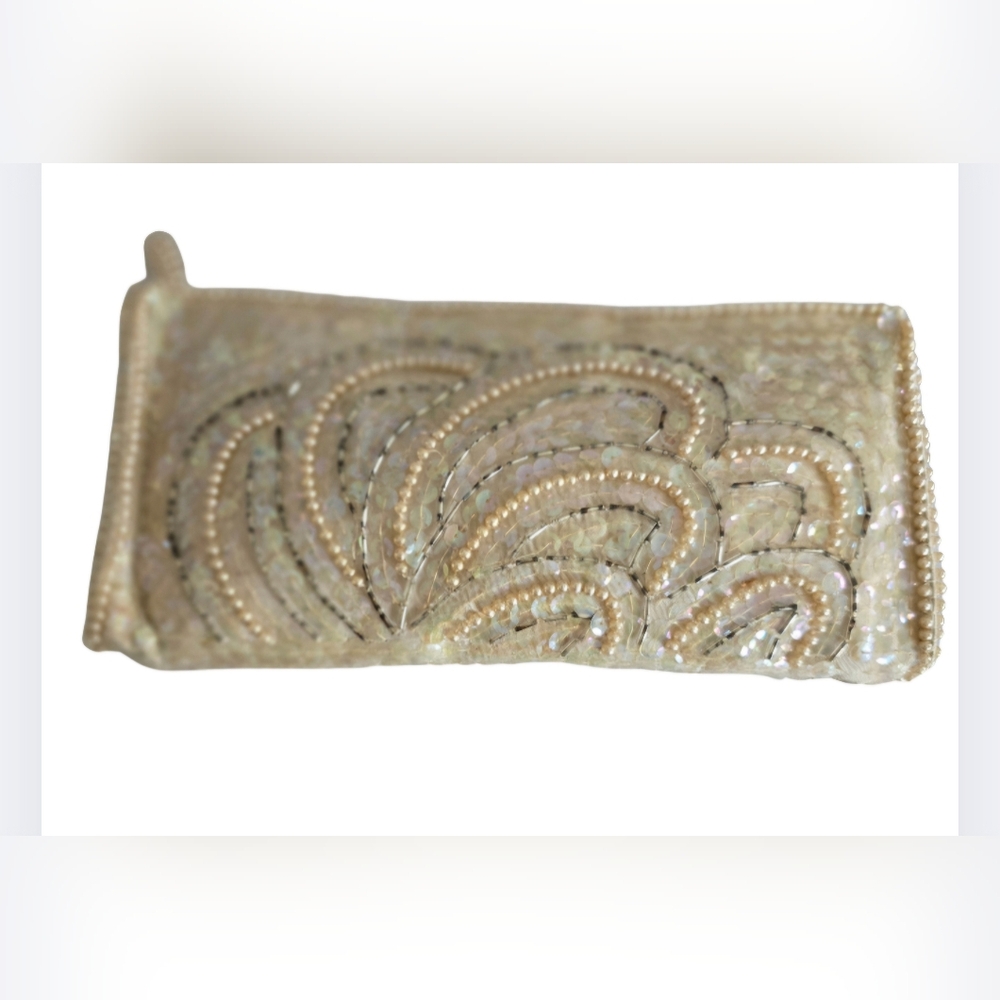 Vintage Ivory Beaded Floral Design Clutch Purse Small Evening Bag 9"x 4"